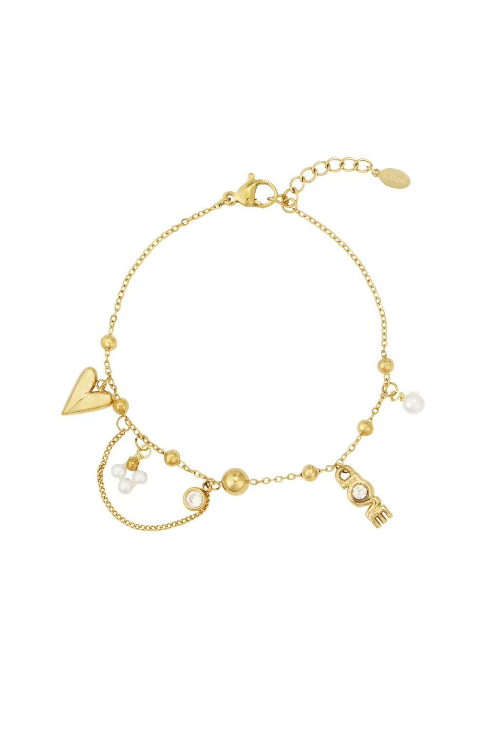 armbandje met love bedeltje en hartje goudkleurig stainless steel