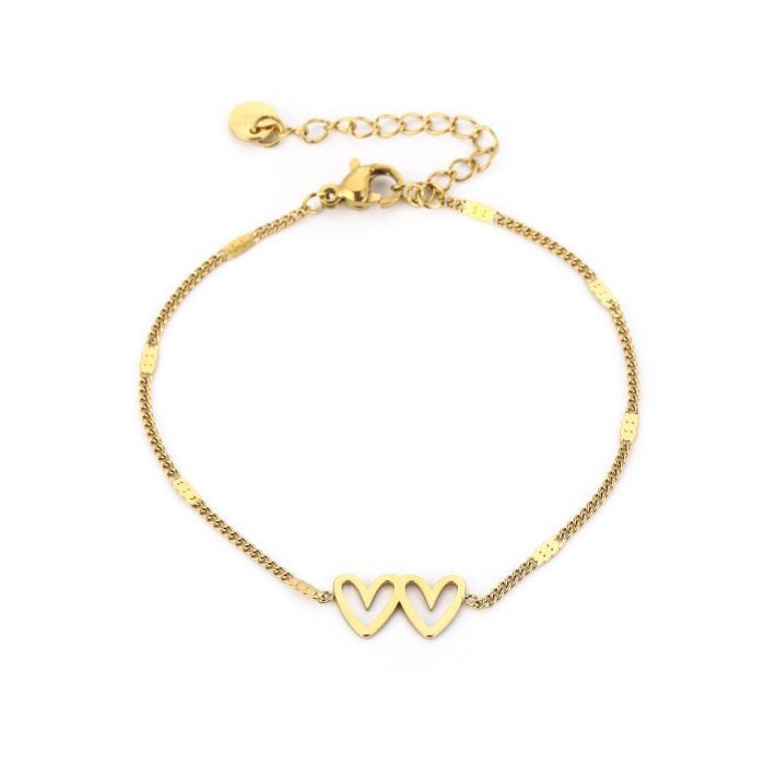armbandje met dubbele hartjes goudkleurig stainless steel