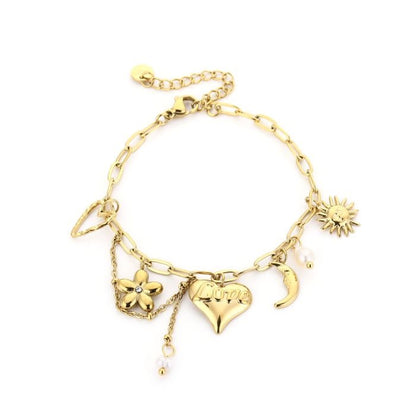 armbandje met meerdere bedels hartje zonnetje goudkleurig 