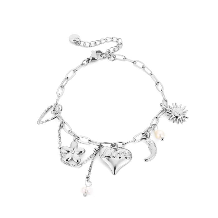 armbandje met meerdere verschillende bedels zilverkleurig