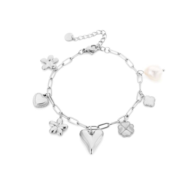armbandje met bedeltjes hartje klaver bloemetje pareltje zilverkleurig stainless steel