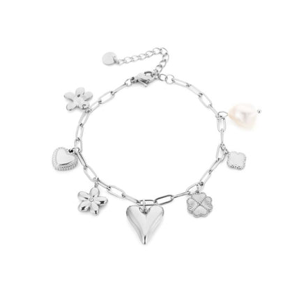 armbandje met bedeltjes hartje klaver bloemetje pareltje zilverkleurig stainless steel