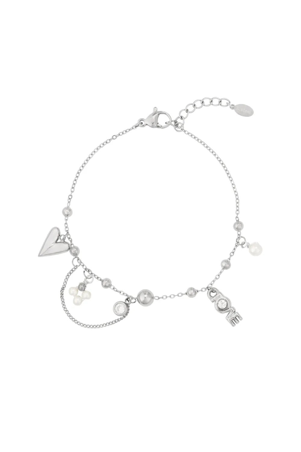 zilverkleurig armbandje met love bedeltje en hartje stainless steel