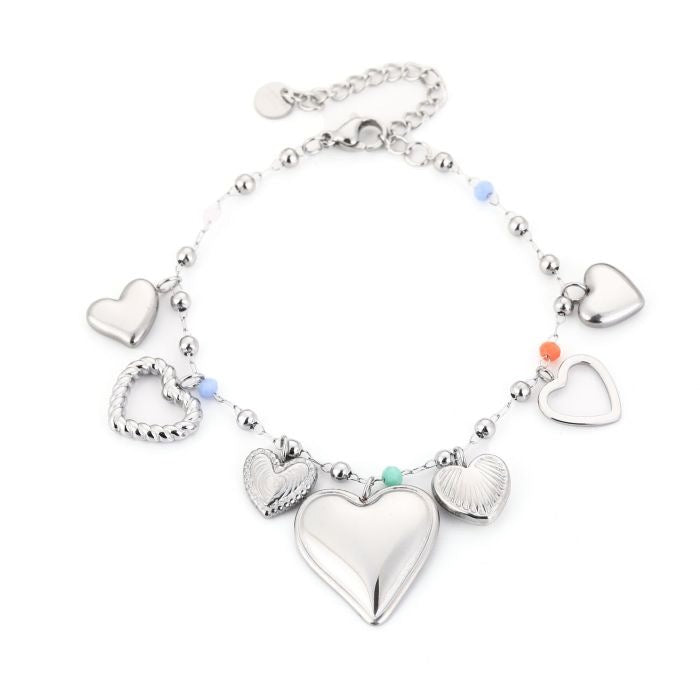 armbandje met pastel kleuren en hartjes zilverkleurig stainless steel