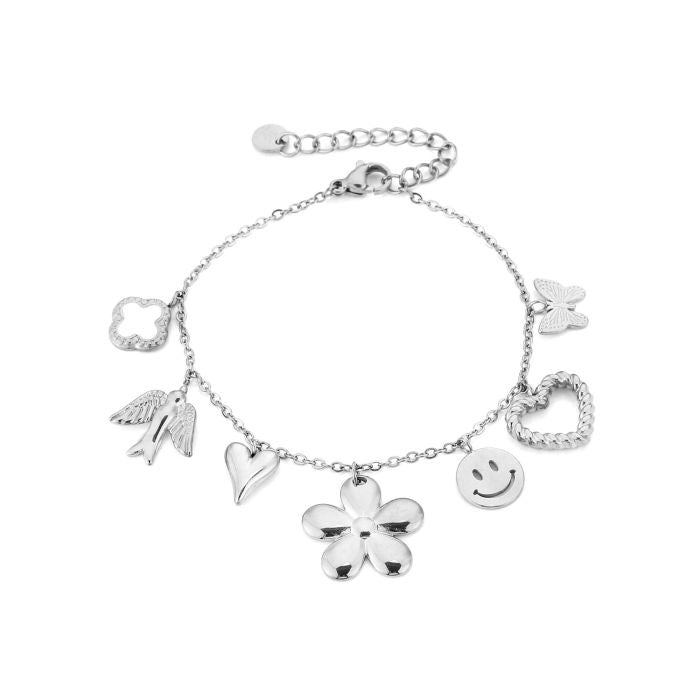 Zilverkleurige bedel armband met smileys en hartjes van stainless steel