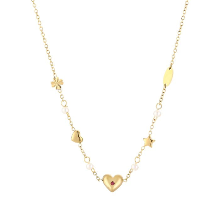 Goudkleurige stainless steel bedel ketting met hartjes en pareltjes