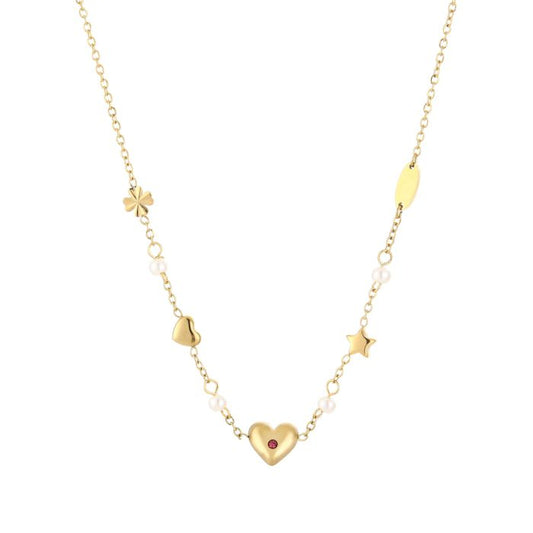 Goudkleurige stainless steel bedel ketting met hartjes en pareltjes