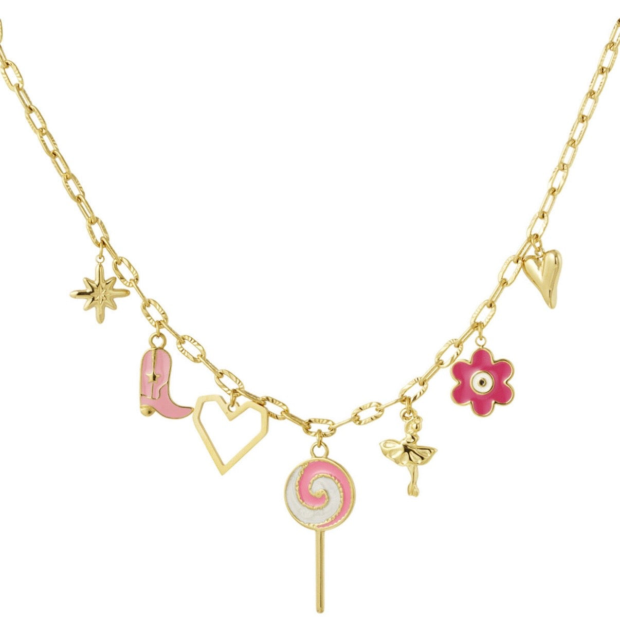 bedelketting goudkleurig met snoep bedel en laars