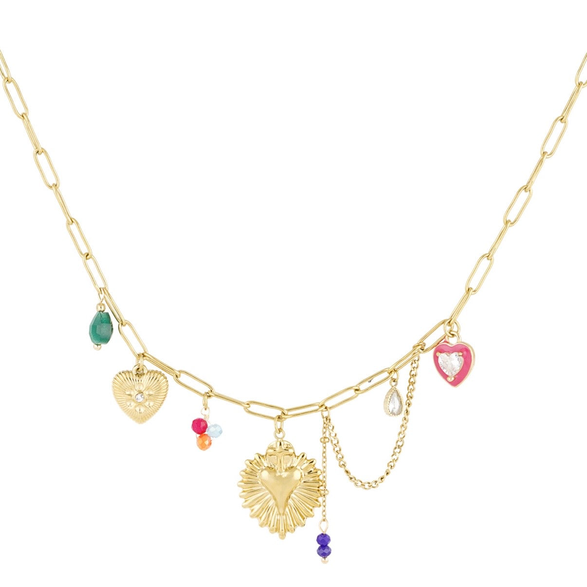 goudkleurige bedelketting met steentjes en kraaltjes