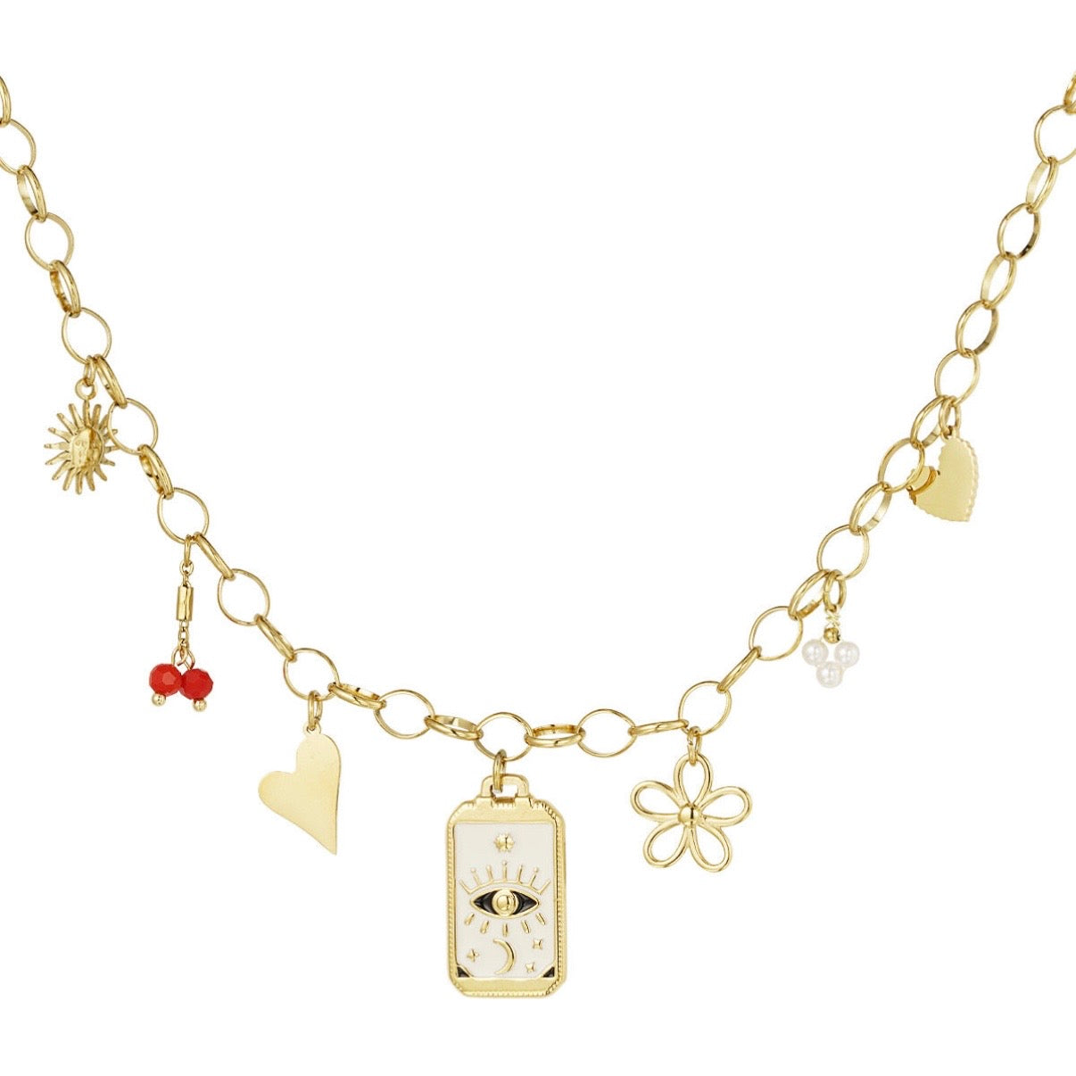 goudkleurige bedelketting met witte bedels