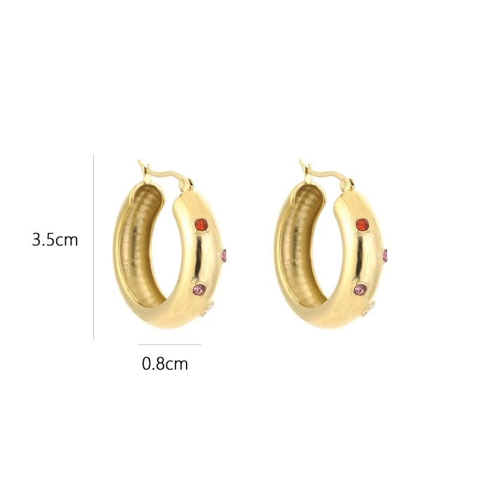 big hoops met gekleurde steentjes goudkleurig stainless steel met afmetingen