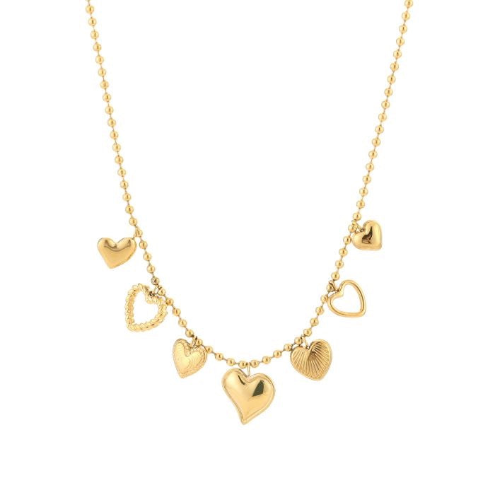 Goudkleurige stainless steel ketting met meerdere hartbedels