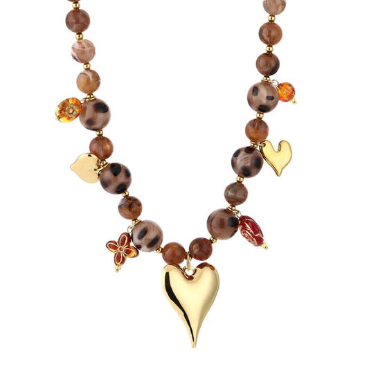 Goudkleurige bedel ketting met hart hanger en bruine kralen stainless steel waterproof