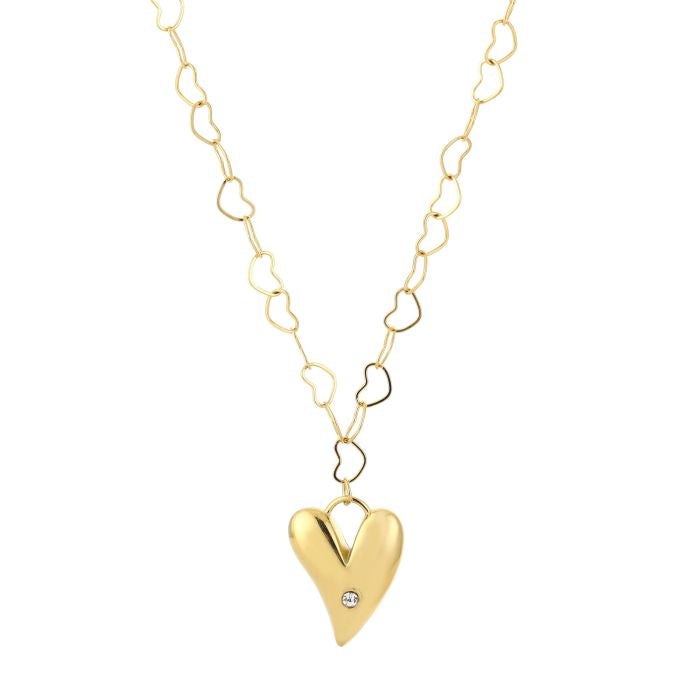 Goudkleurige stainless steel hartjes ketting met grote hart bedel trendy