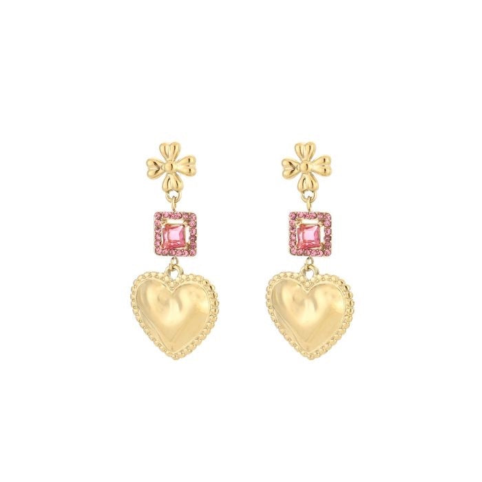 Goudkleurige statement oorbellen met hart en roze steentjes van stainless steel
