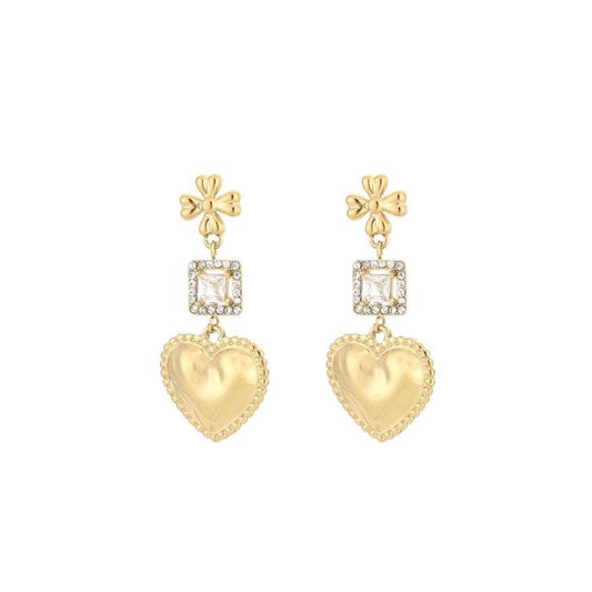 Goudkleurige statement oorbellen met hart en steentjes van stainless steel