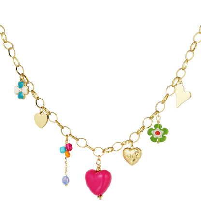 goudkleurige bedelketting met gekleurde statement bedels