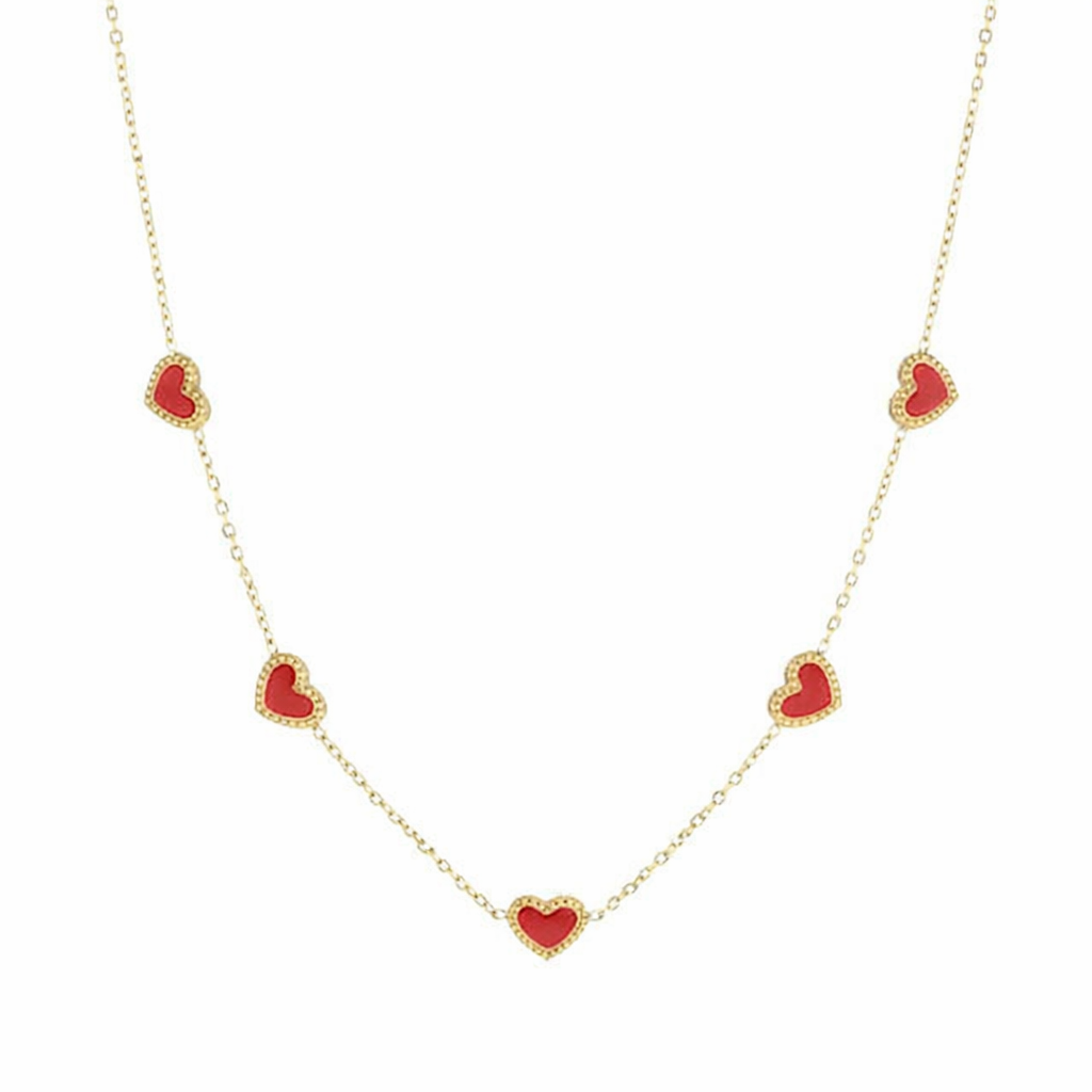 Goudkleurige ketting met rode hartjes van stainless steel