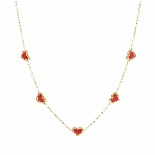 Goudkleurige ketting met rode hartjes van stainless steel