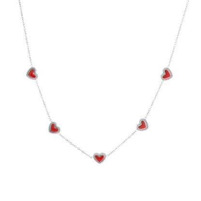 Zilverkleurige ketting met rode hartjes van stainless steel