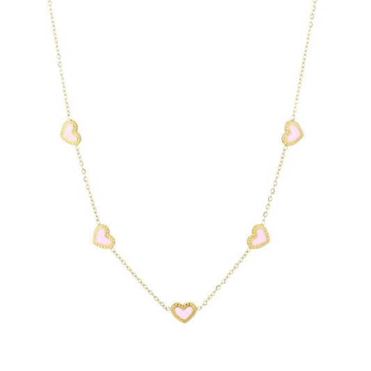 Goudkleurige ketting met roze hartjes van stainless steel