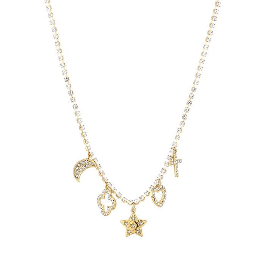 Goudkleurige stainless steel ketting met bedels van maan, ster, hart en kruis met steentjes