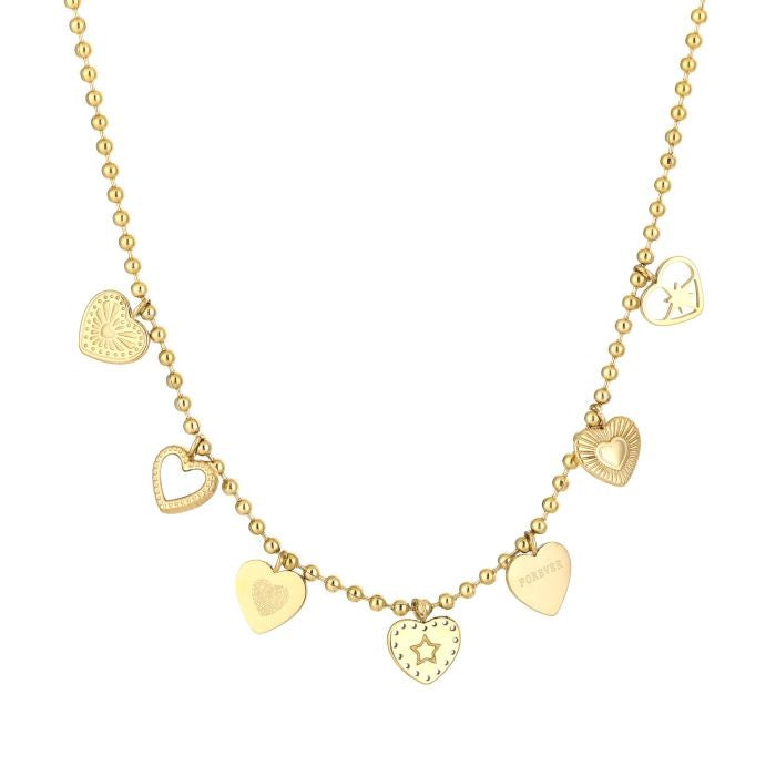 Goudkleurige ketting van stainless steel met meerdere hartvormige bedels