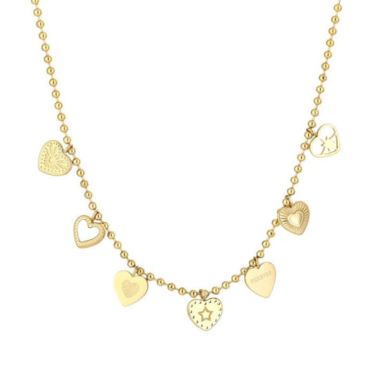 Goudkleurige ketting van stainless steel met meerdere hartvormige bedels