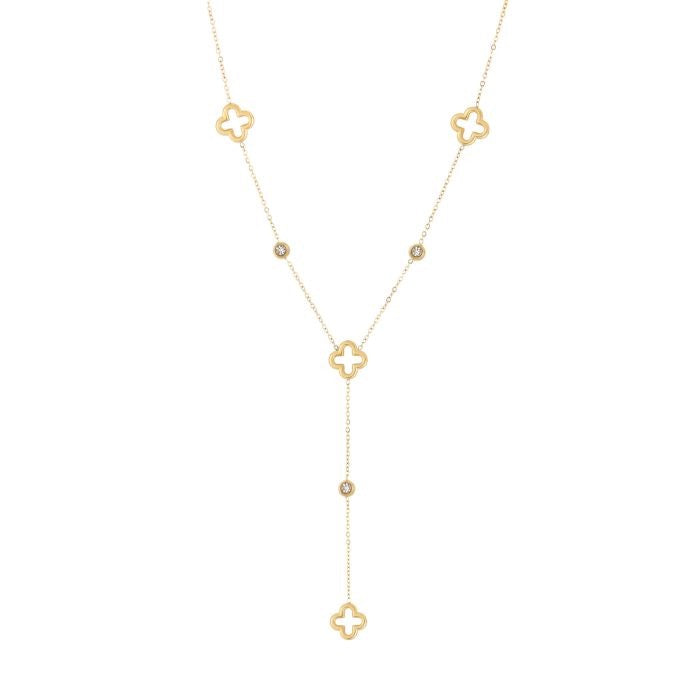 Stainless steel Y-ketting goudkleurig met klavers en steentjes