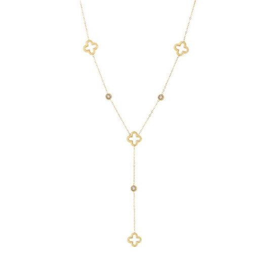 Stainless steel Y-ketting goudkleurig met klavers en steentjes