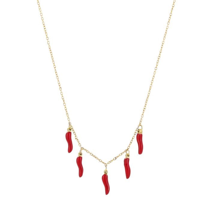 Goudkleurige stainless steel ketting met rode peper bedels – waterproof