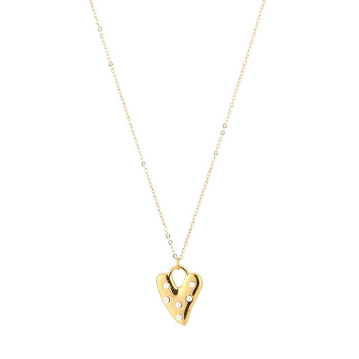 ketting met goudkleurig hartje met mini pareltjes erop
