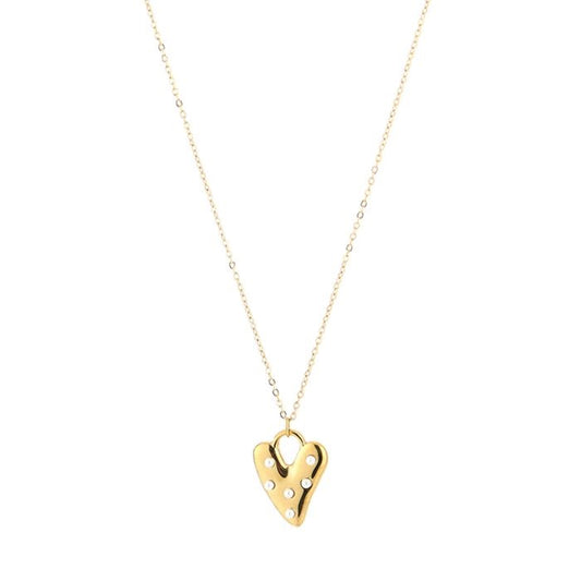 ketting met goudkleurig hartje met mini pareltjes erop
