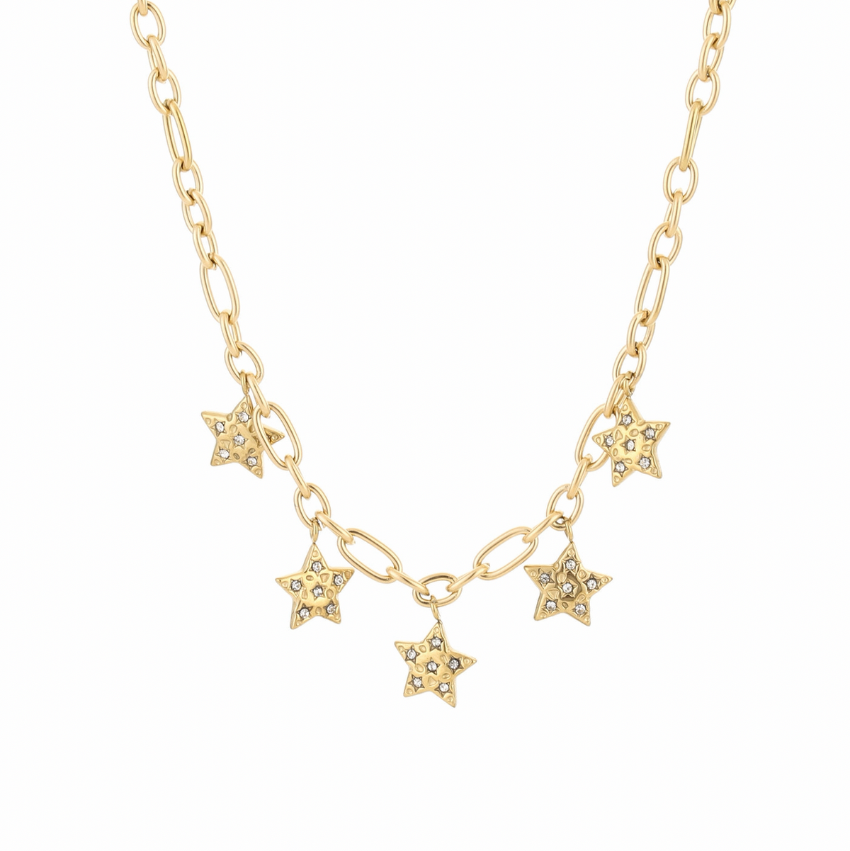 ketting met goudkleurige ster bedels met steentjes 
