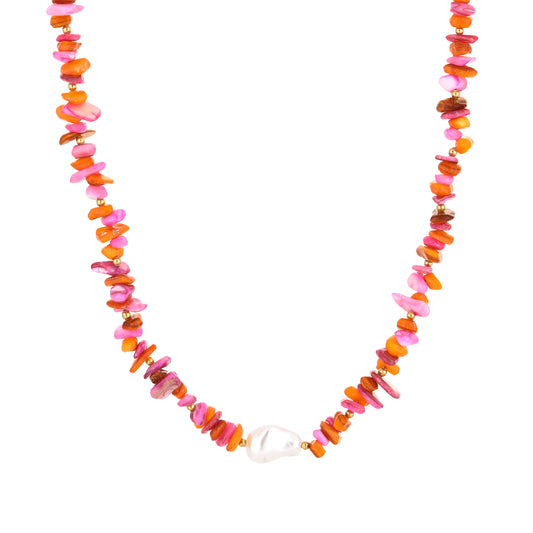 Roze oranje kralen ketting met parel