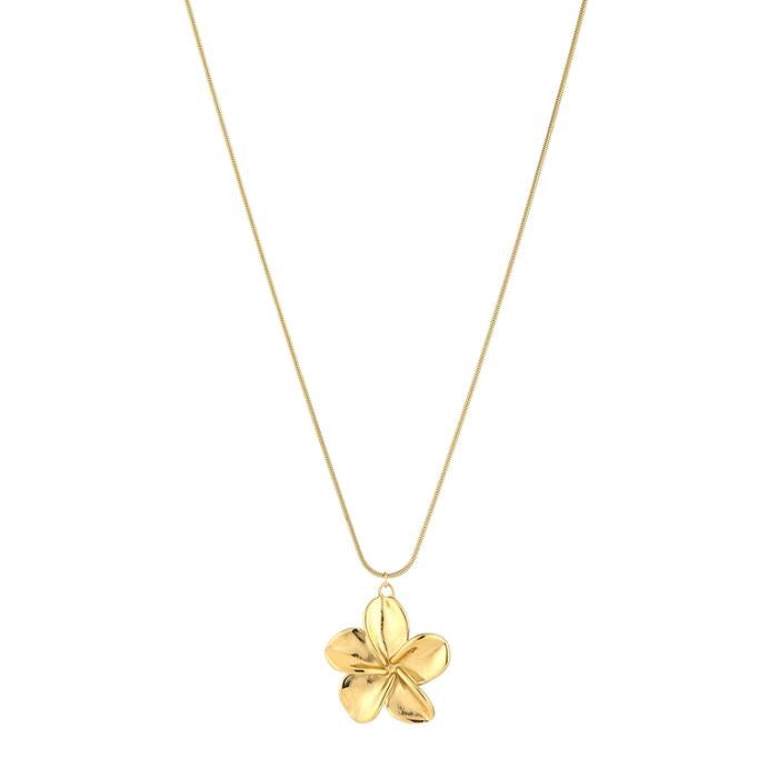 Lange goudkleurige stainless steel ketting met bloem hanger