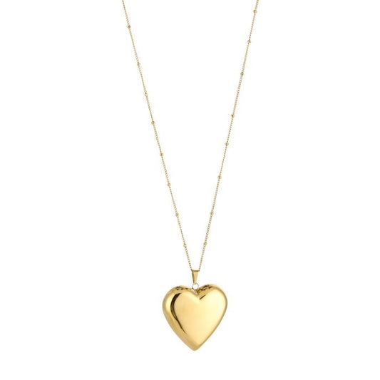 Lange goudkleurige stainless steel ketting met grote hart hanger