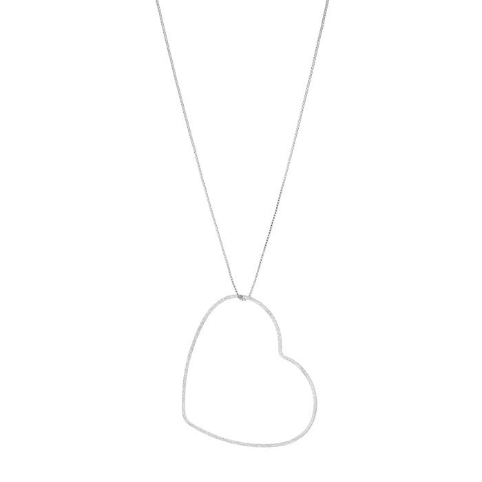 Lange zilverkleurige stainless steel ketting met grote open hart hanger