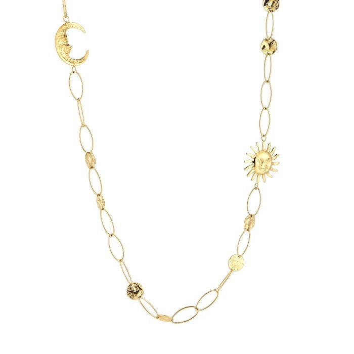 Lange goudkleurige stainless steel ketting met maan en zon