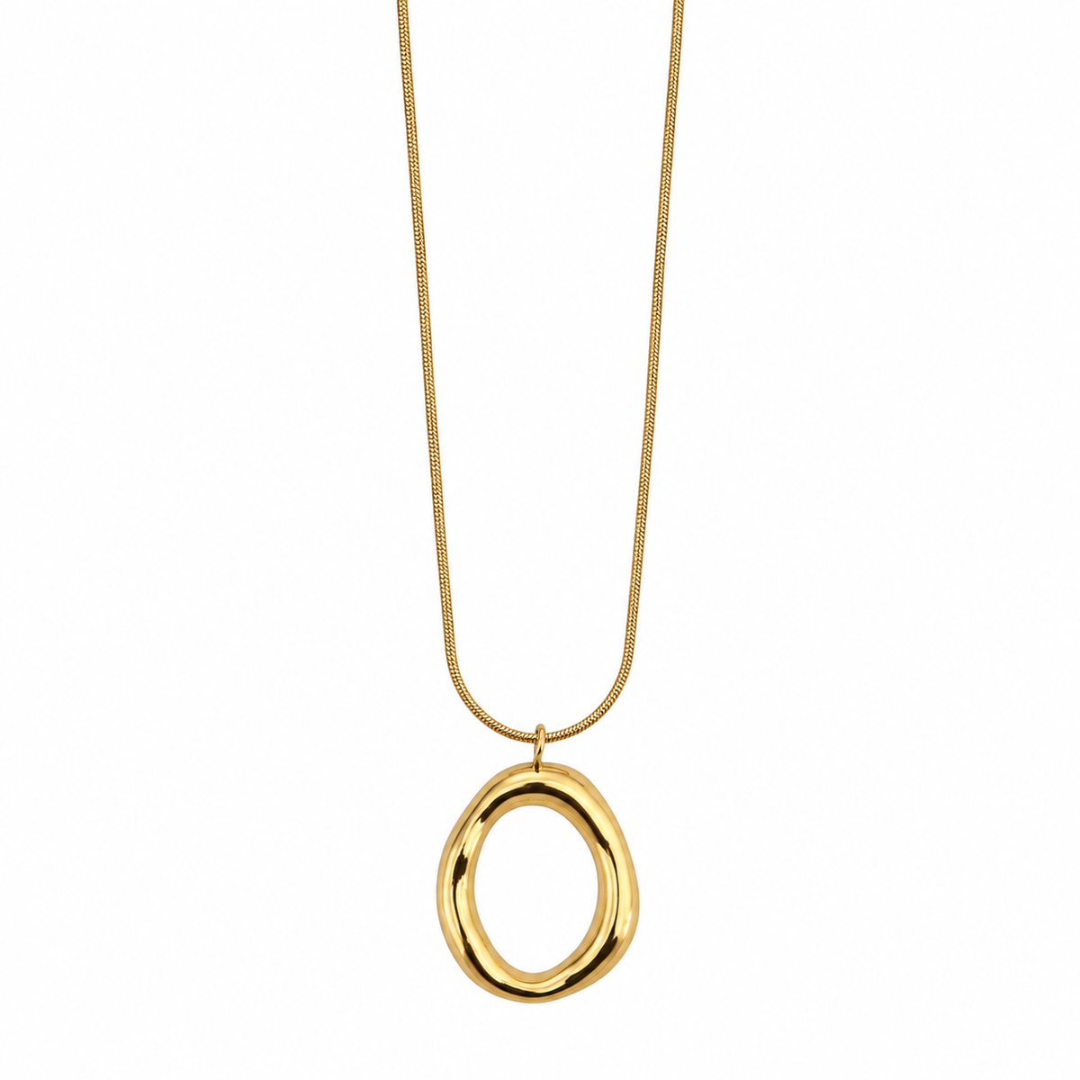 Lange goudkleurige stainless steel ketting met organische open hanger