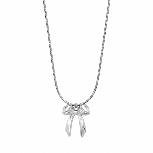 Lange zilverkleurige stainless steel ketting met strik hanger voor dames