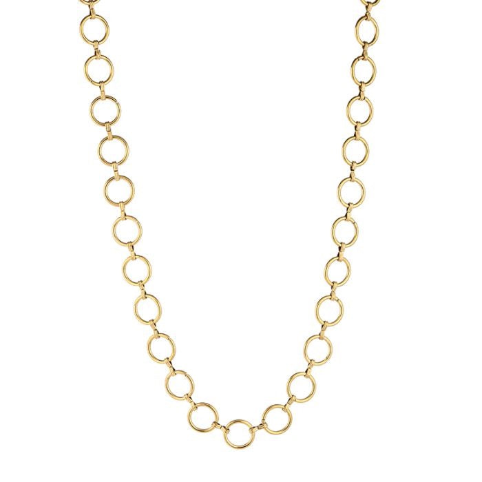 Lange goudkleurige stainless steel schakelketting met ronde schakels voor dames