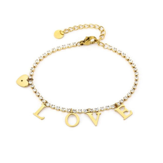 Goudkleurige LOVE armband met bedels en strass van stainless steel
