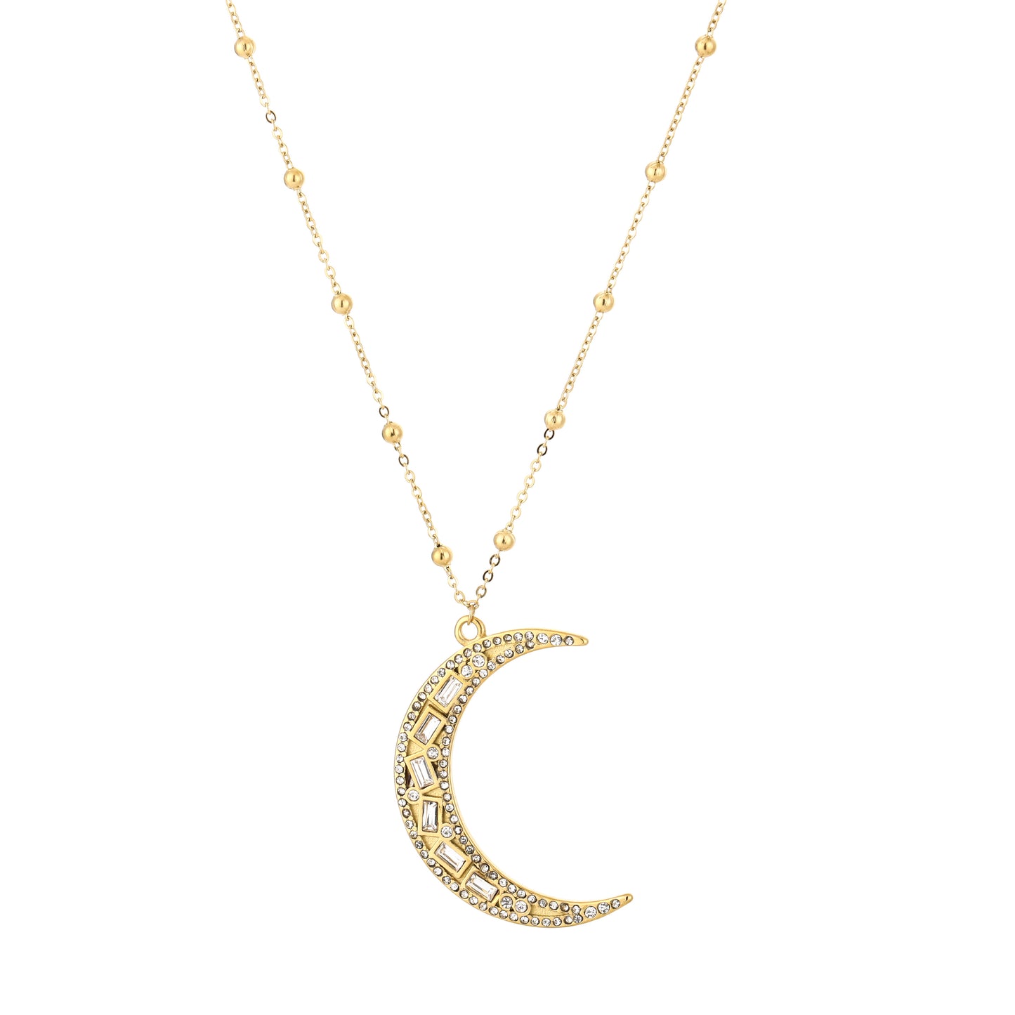 Goudkleurige stainless steel moon ketting met steentjes