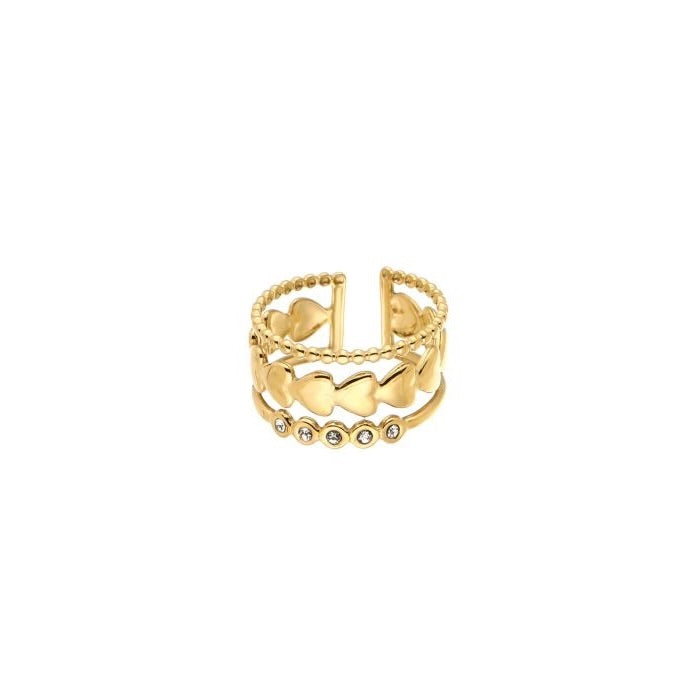 Goudkleurige ring met meerdere hartjes en steentjes van stainless steel