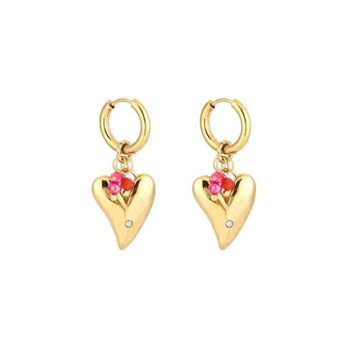 oorbellen hartje met roze kraaltjes goudkleurig stainless steel