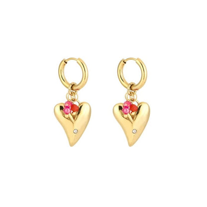 oorbellen hartje met roze kraaltjes goudkleurig stainless steel