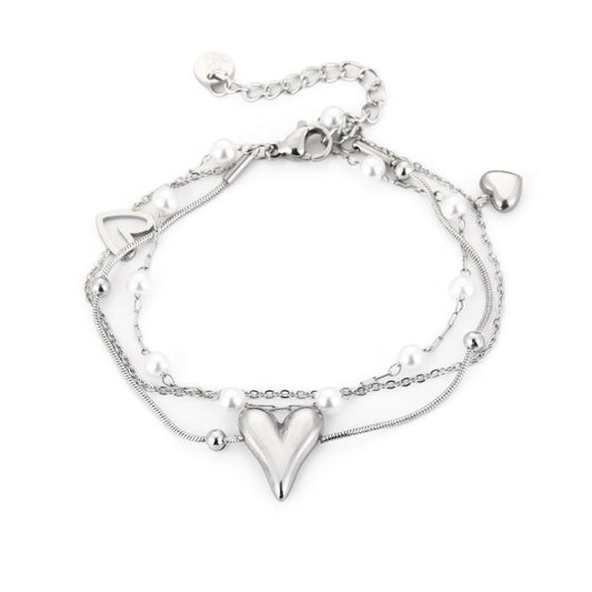 Zilverkleurige armband met parels en hart bedel van stainless steel
