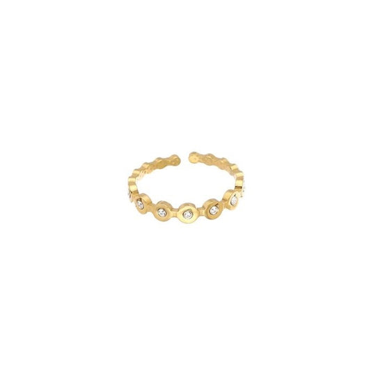 Goudkleurige ring met rondjes en steentjes van stainless steel