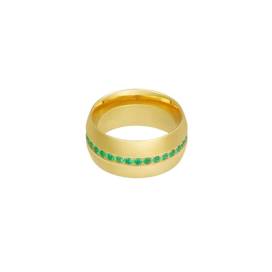 Goudkleurige stainless steel ring met groene steentjes en brede band – JewelryByCeline